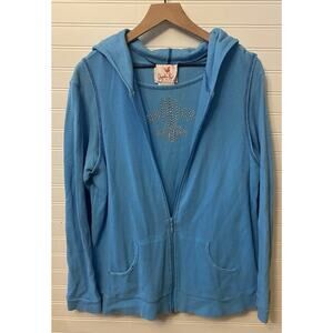 Quacker Factory Womens L Blue Waffle Weave Texture Fleur-de-lis Blouse 2 pc